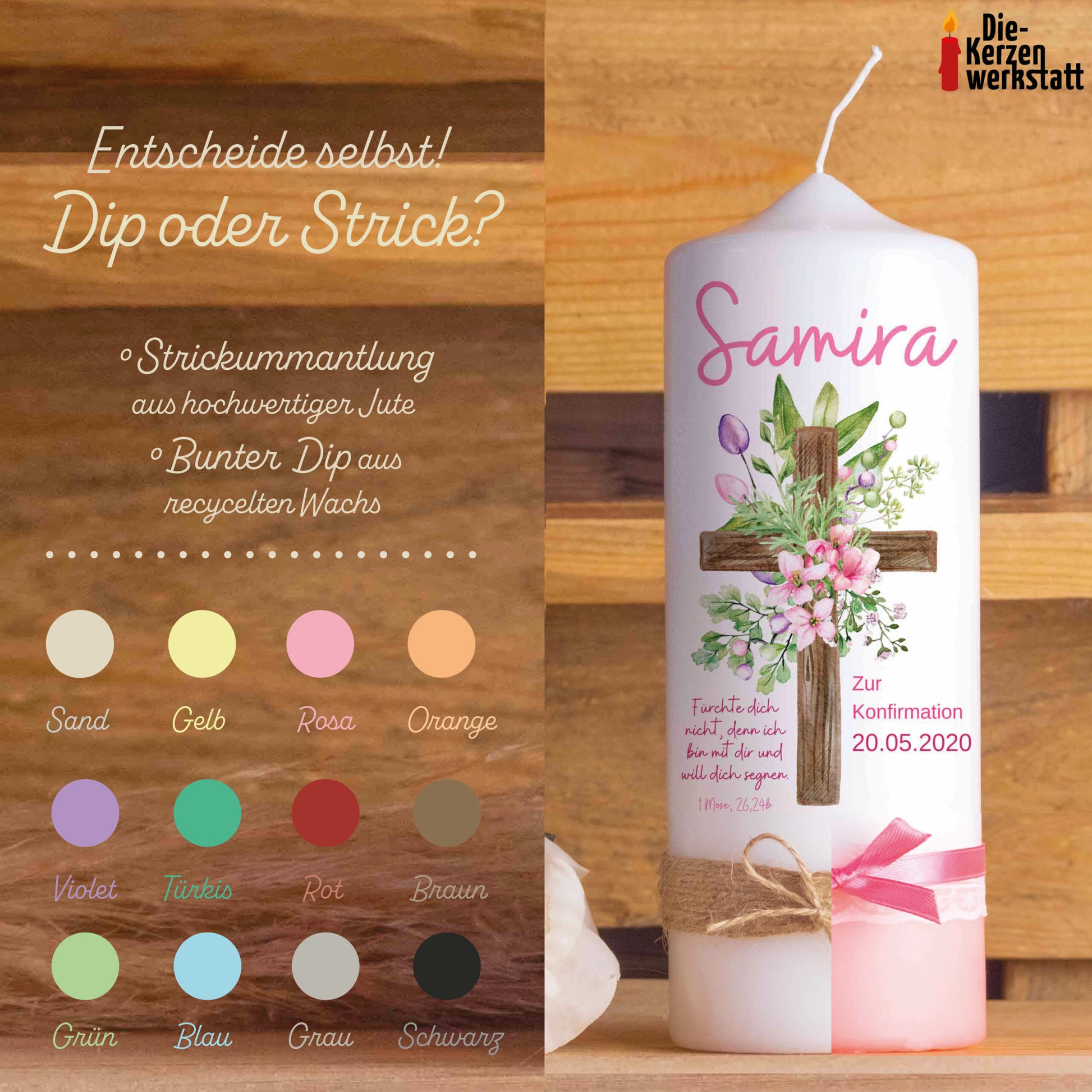 Konfirmationskerze | Blumenkreuz | 15 - 30 cm Höhe | Personalisierte Kerze