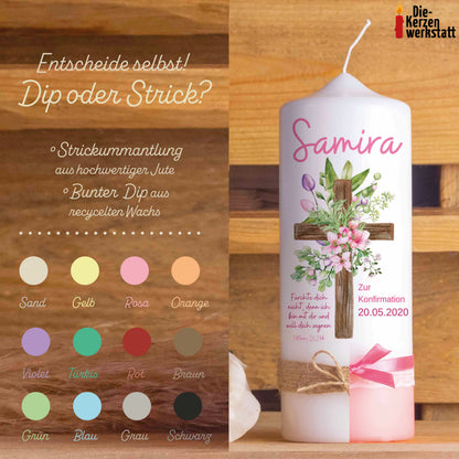 Konfirmationskerze | Blumenkreuz | 15 - 30 cm Höhe | Personalisierte Kerze