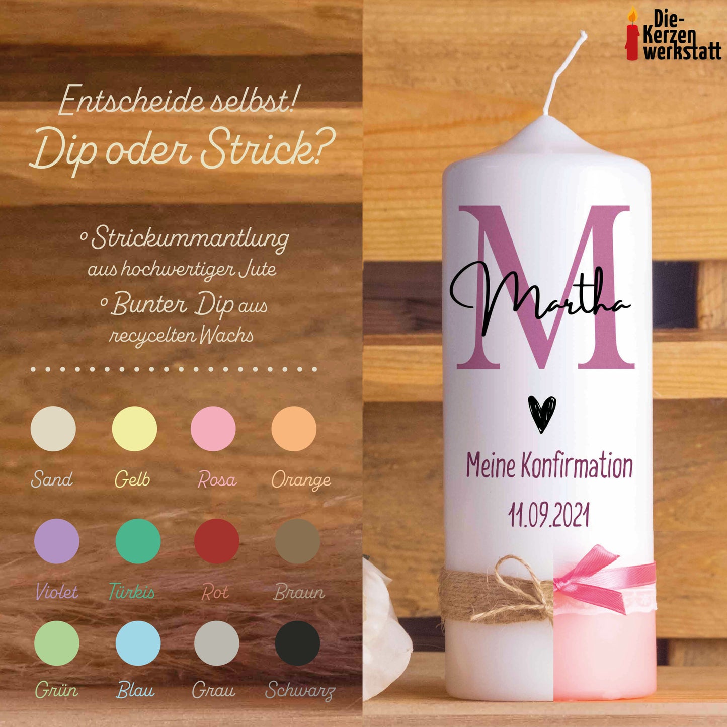 Konfirmationskerze | Initialen | 15 - 30 cm Höhe | Personalisierte Kerze