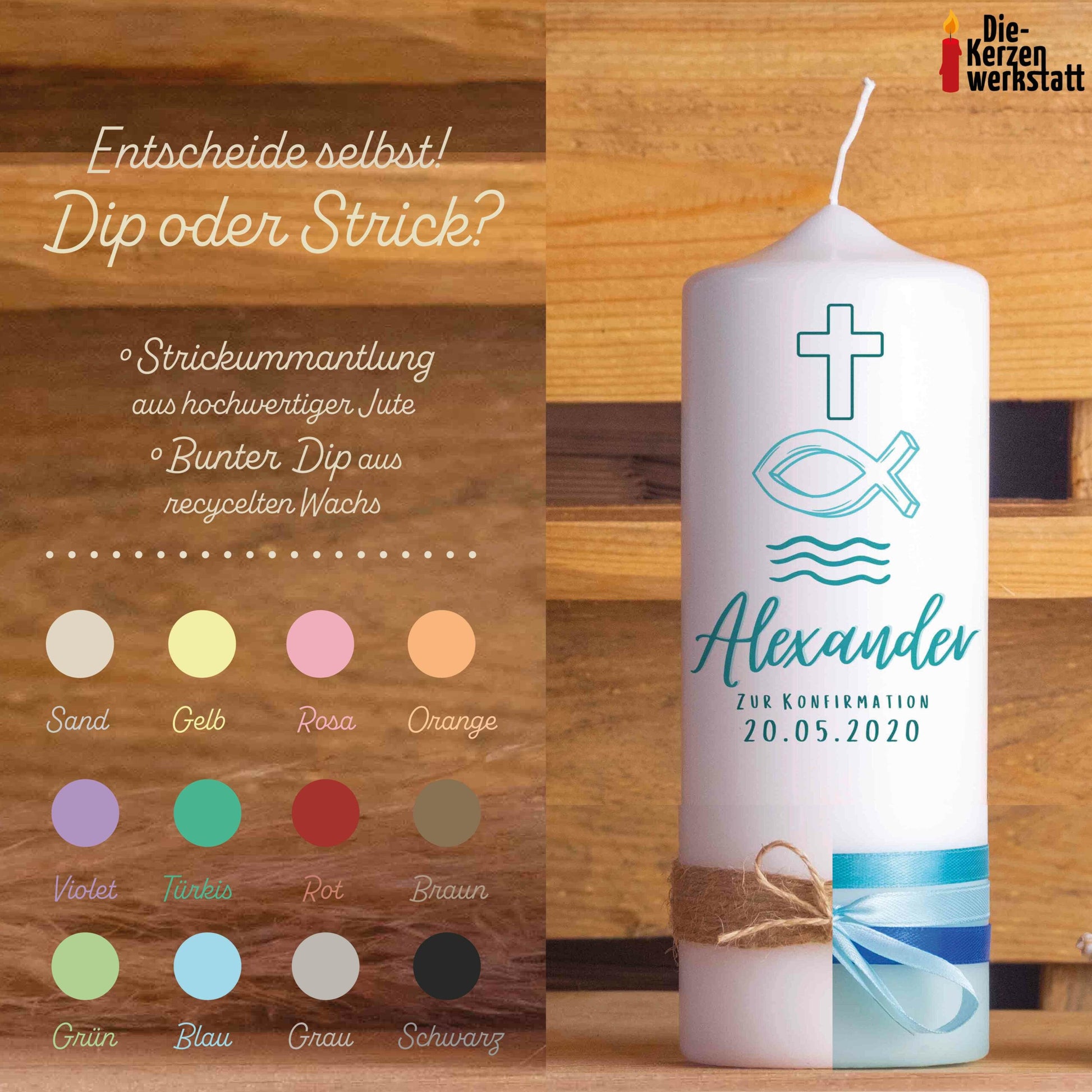 Konfirmationskerze | Symbole | 15 - 30 cm Höhe | Personalisierte Kerze