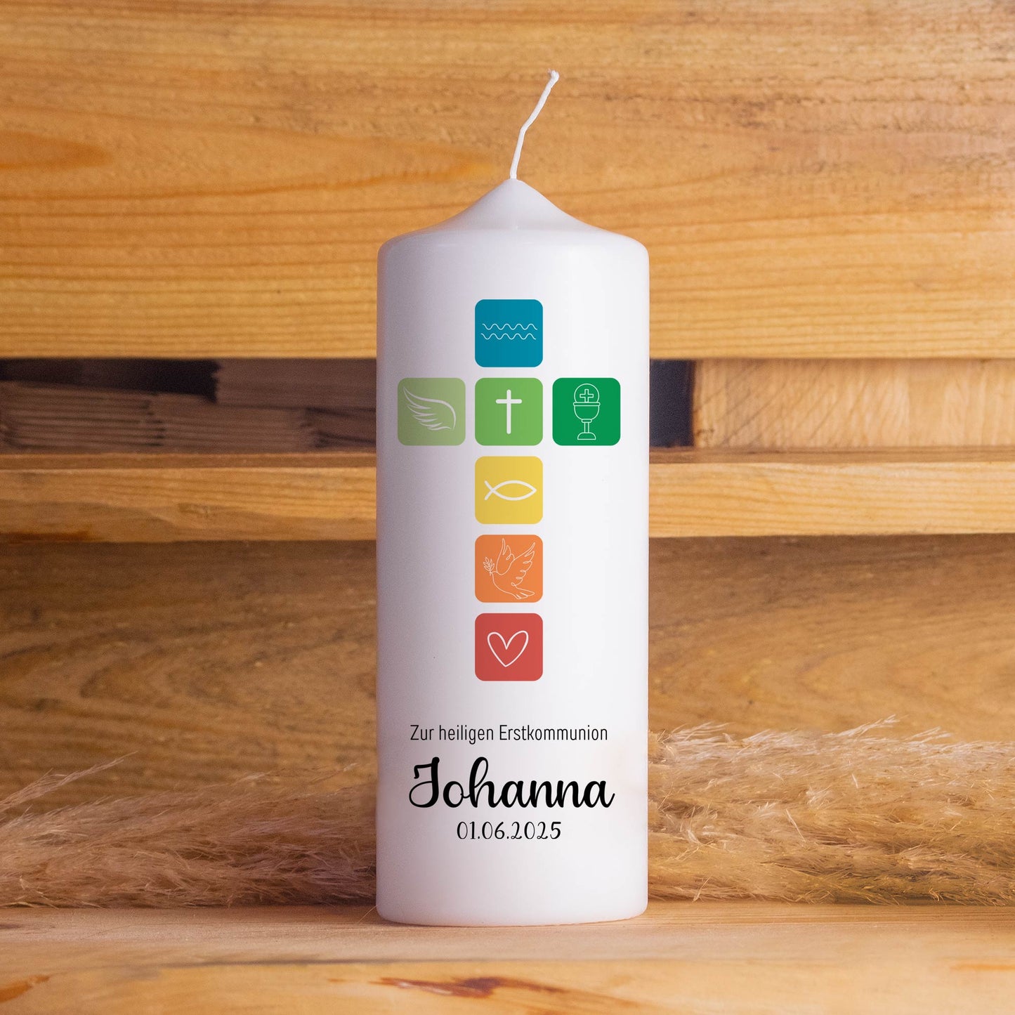 Kommunionskerze Regenbogen Symbole | Verschiedene Farben | 15 - 40 cm Höhe | Personalisierte Kerze | Katholisch | Jungen und Mädchen