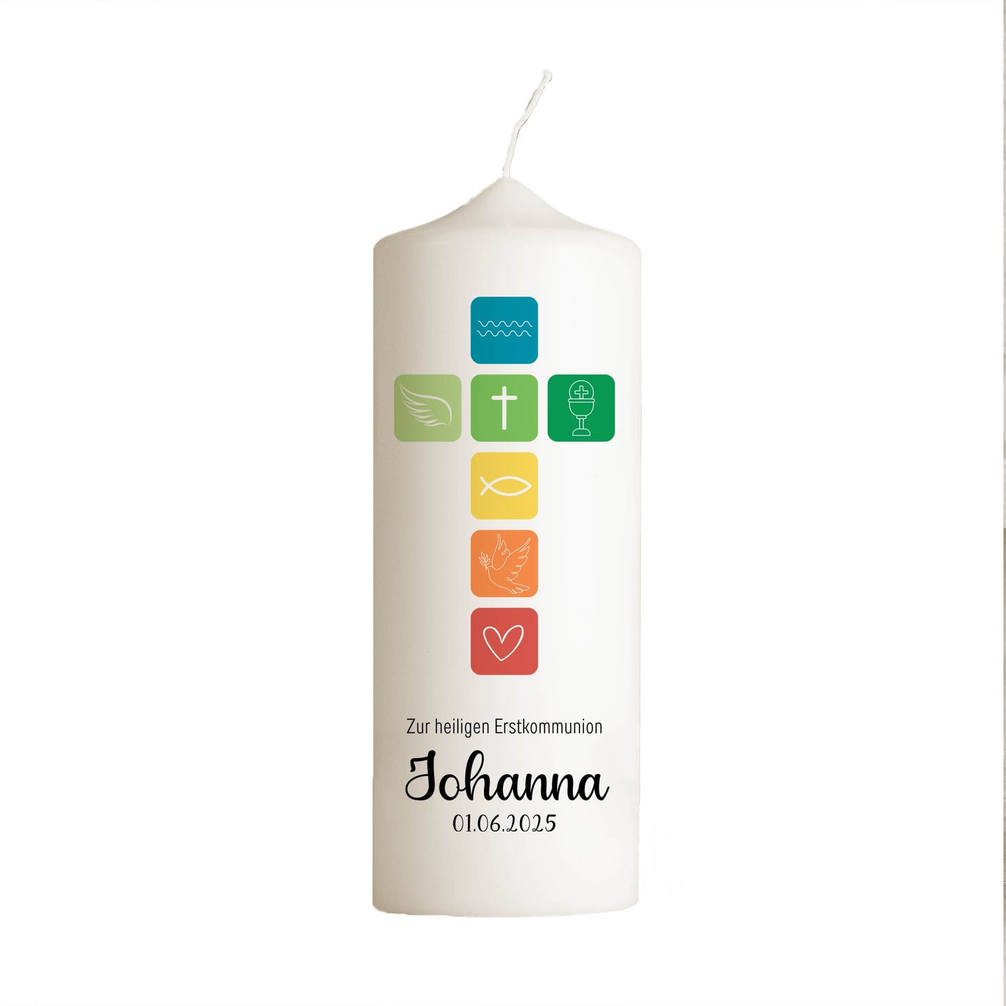 Kommunionskerze Regenbogen Symbole | Verschiedene Farben | 15 - 40 cm Höhe | Personalisierte Kerze | Katholisch | Jungen und Mädchen