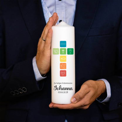 Kommunionskerze Regenbogen Symbole | Verschiedene Farben | 15 - 40 cm Höhe | Personalisierte Kerze | Katholisch | Jungen und Mädchen
