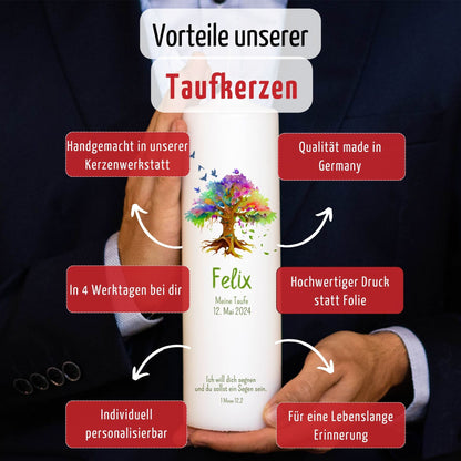 Taufkerze Lebensbaum Bunt | 15 - 30 cm Höhe | Personalisierte Kerze | Evangelisch | Katholisch | Jungen und Mädchen | Taufgeschenk