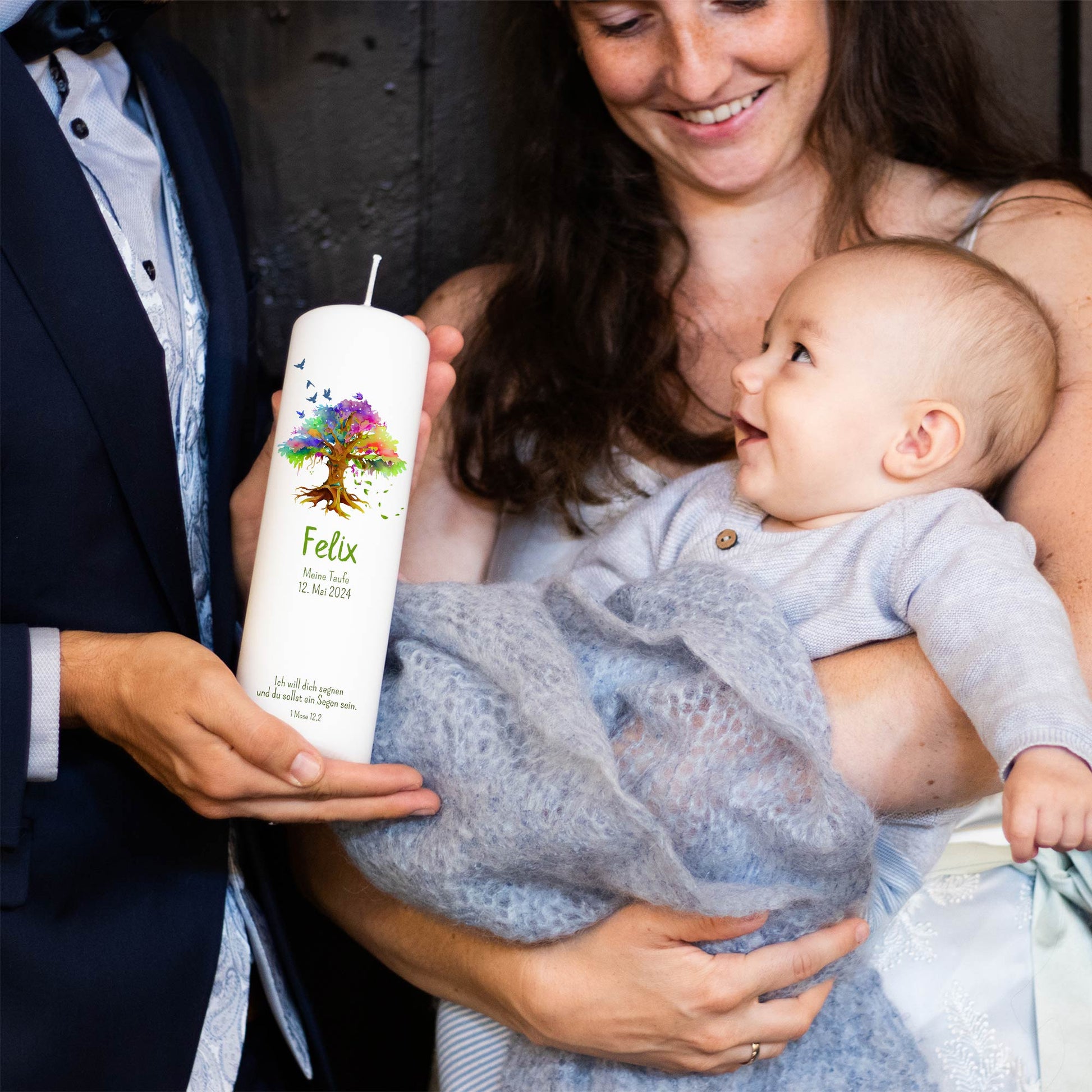 Taufkerze Lebensbaum Bunt | 15 - 30 cm Höhe | Personalisierte Kerze | Evangelisch | Katholisch | Jungen und Mädchen | Taufgeschenk