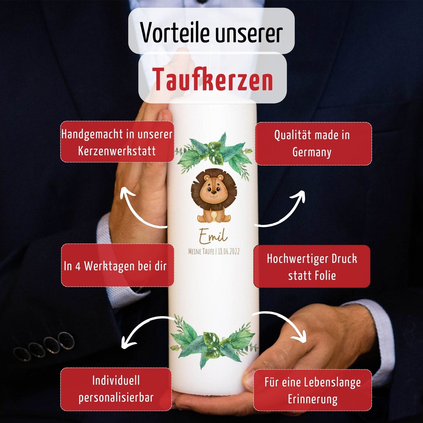 Taufkerze | Löwe | 15-30 cm Höhe | Personalisiert