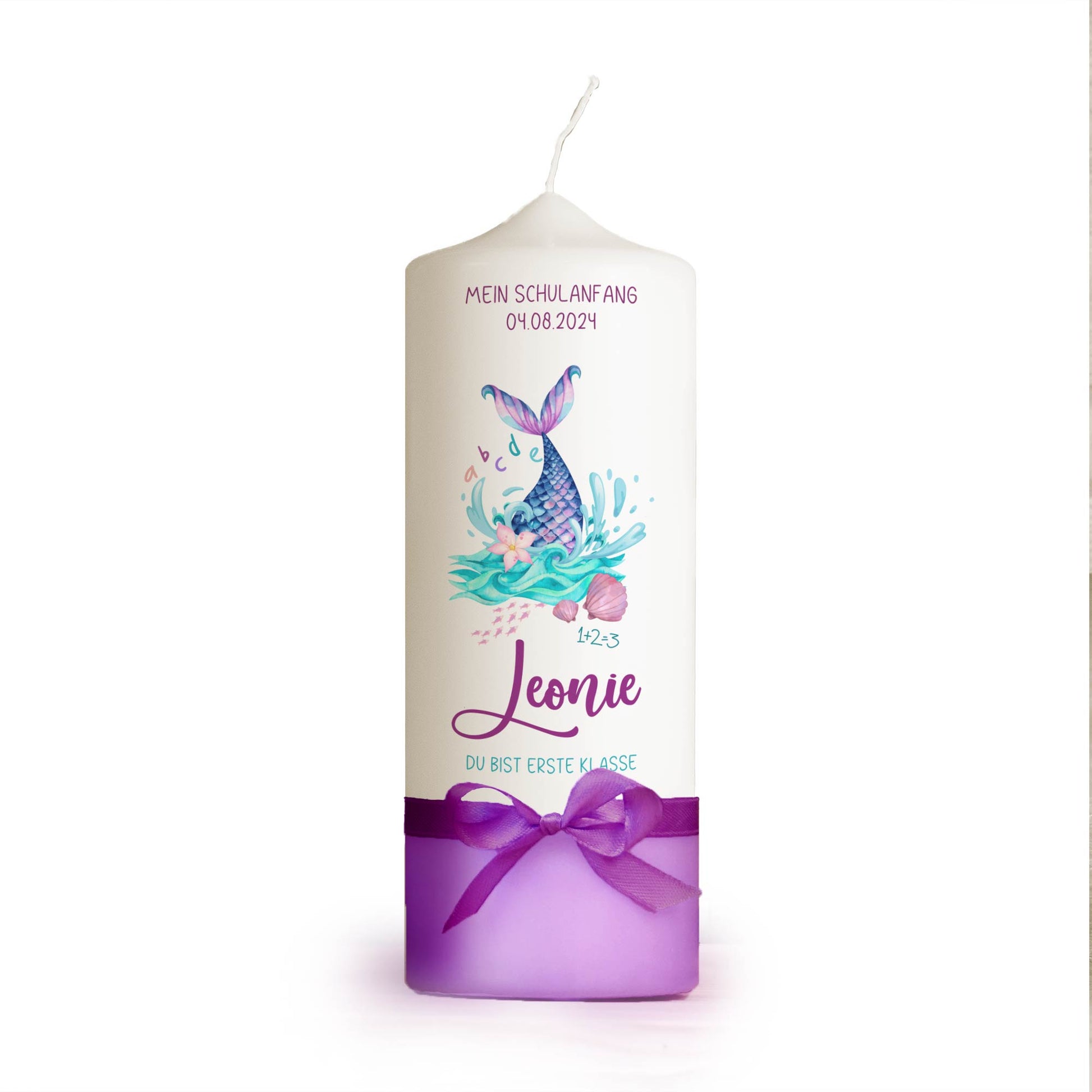 Schulanfangskerze Meerjungfrau | Personalisierte Einschulungskerze mit Name & Datum | 15–30 cm | Geschenk für Mädchen