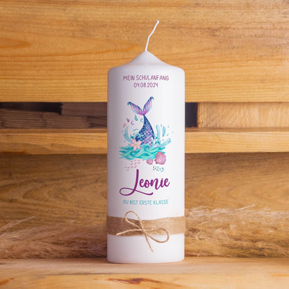 Schulanfangskerze Meerjungfrau | Personalisierte Einschulungskerze mit Name & Datum | 15–30 cm | Geschenk für Mädchen