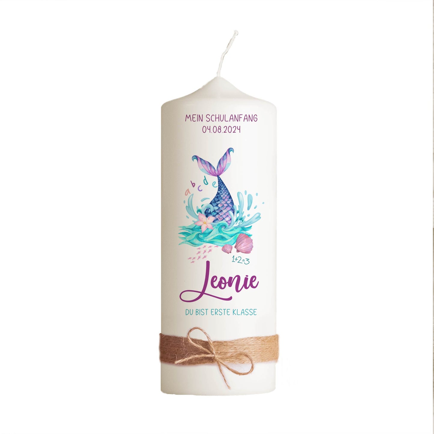Schulanfangskerze Meerjungfrau | Personalisierte Einschulungskerze mit Name & Datum | 15–30 cm | Geschenk für Mädchen