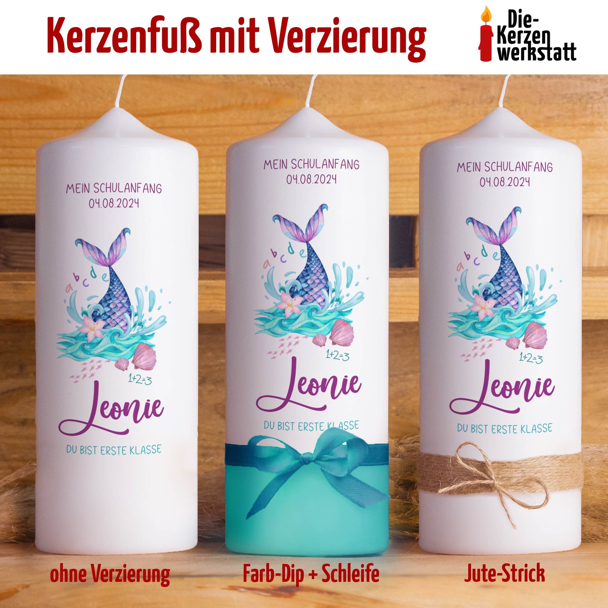 Schulanfangskerze Meerjungfrau | Personalisierte Einschulungskerze mit Name & Datum | 15–30 cm | Geschenk für Mädchen