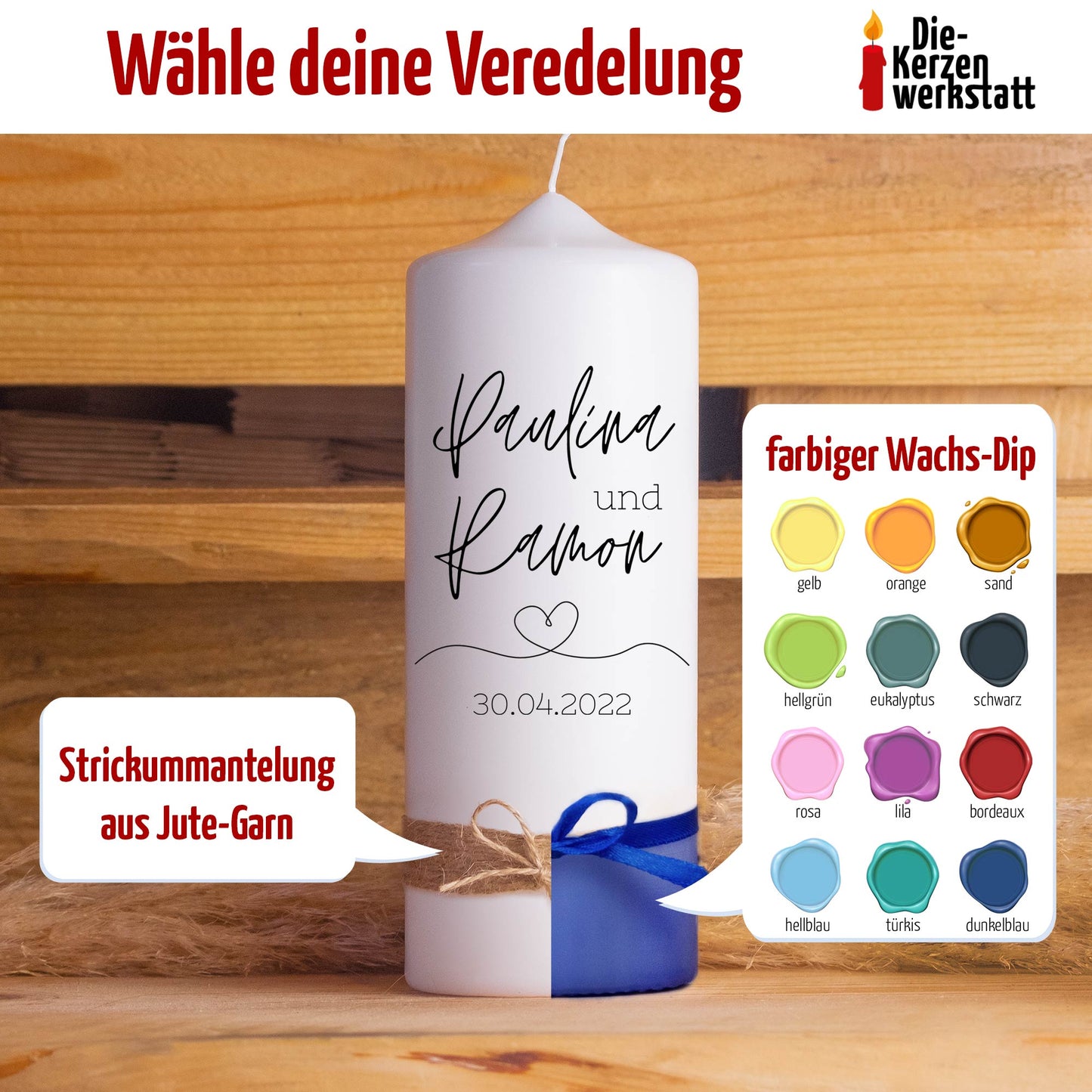 Hochzeitskerze | Monochrom | 15 - 30 cm Höhe | Traukerze | Personalisierte Kerze