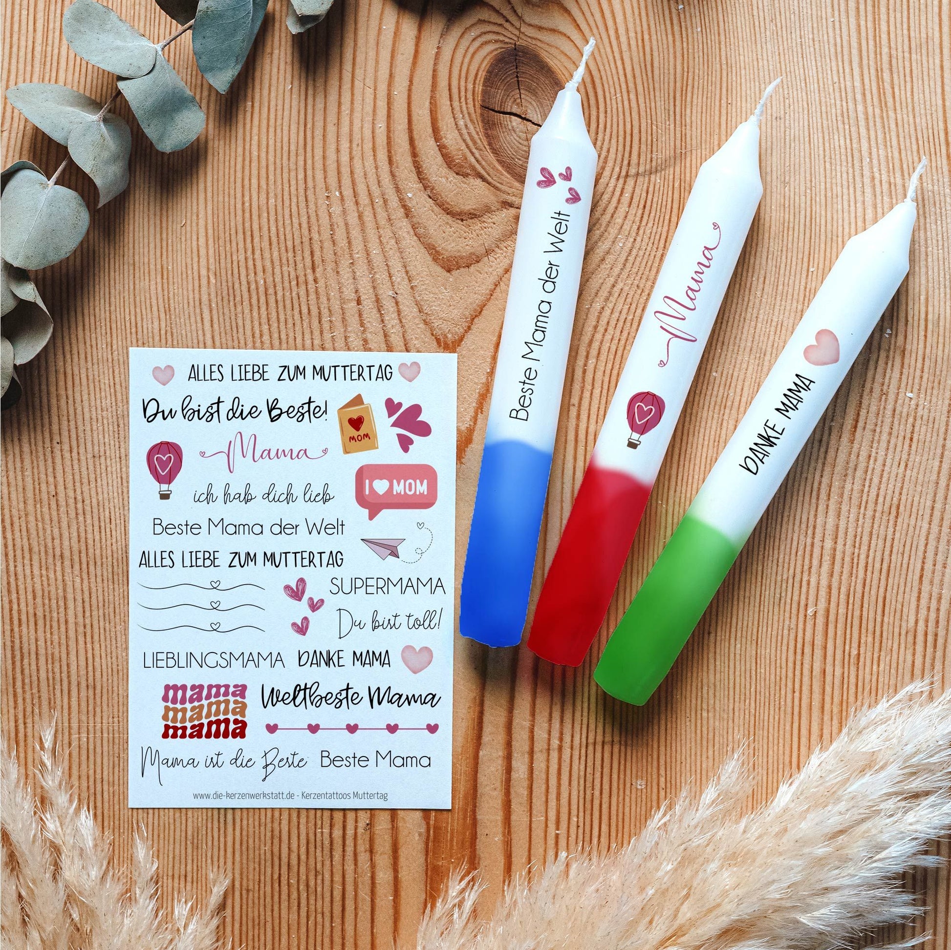 Kerzentattoos Muttertag Bunt | Kerzenfolie | Bastelset für Kerzen Thema "Muttertag" | Geschenk | Basteln | Kerzensticker