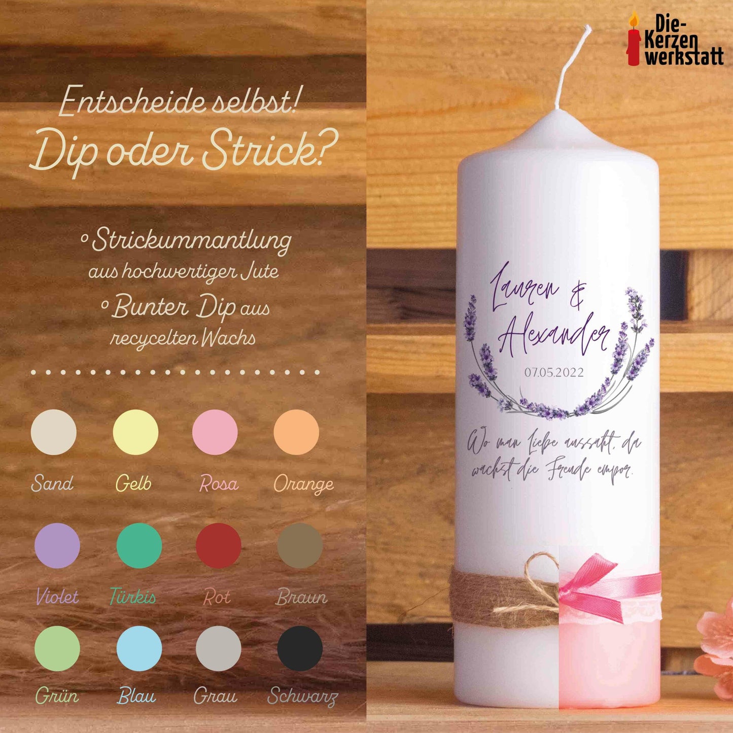 Hochzeitskerze | Lavendel | 15 - 30 cm Höhe | Traukerze | Personalisierte Kerze