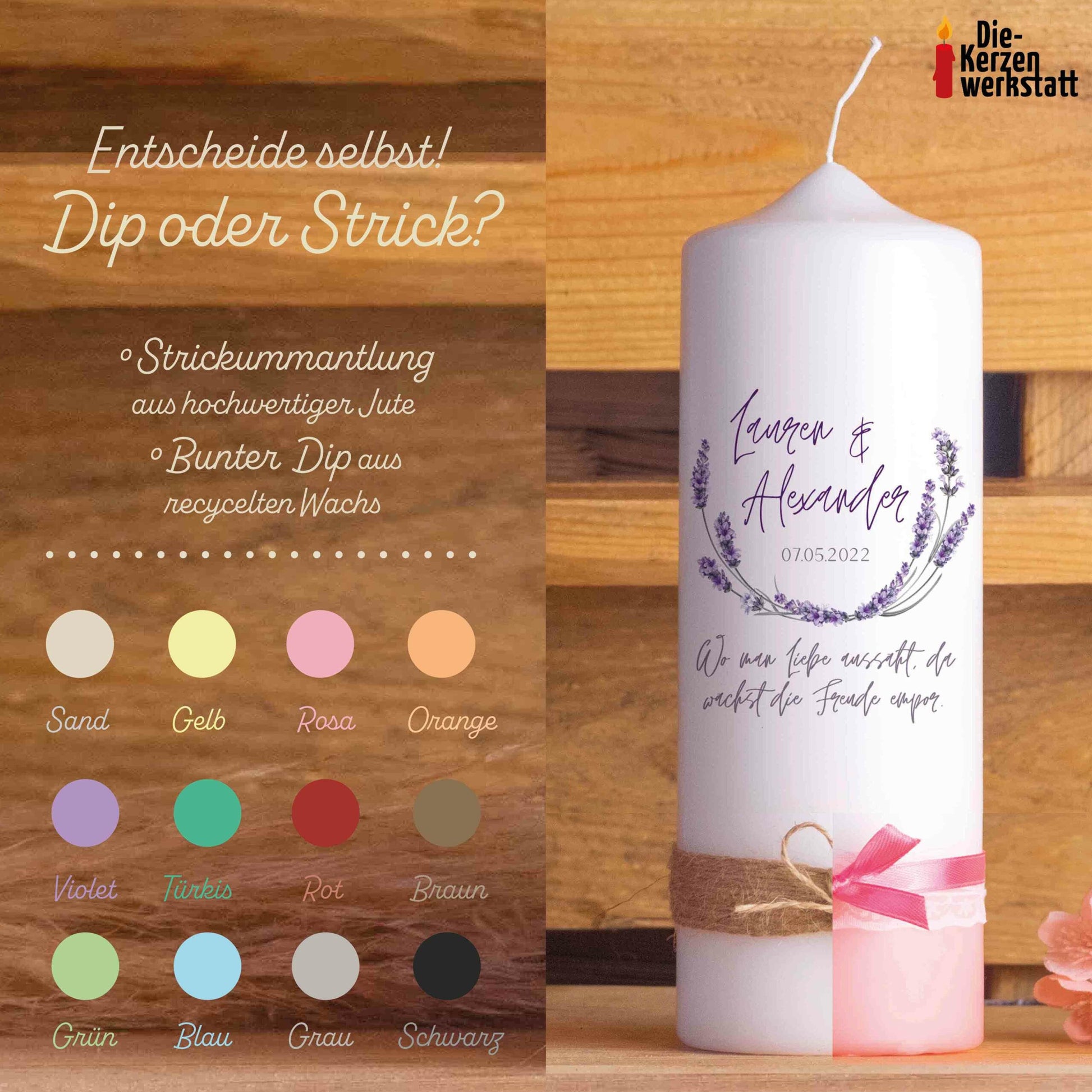 Hochzeitskerze | Lavendel | 15 - 30 cm Höhe | Traukerze | Personalisierte Kerze
