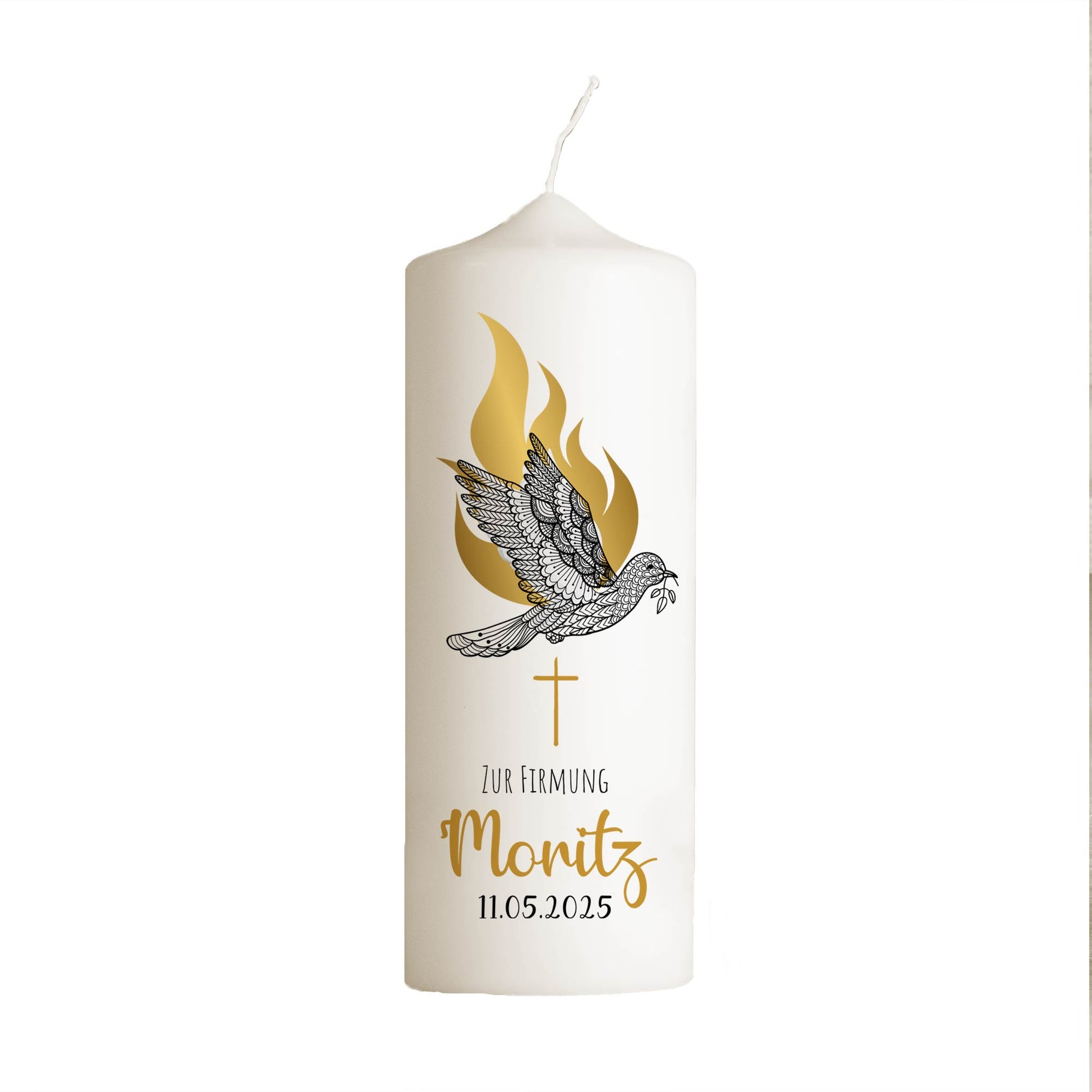 Firmungskerze „On Fire Gold“ personalisiert – Christliche Kerze mit Taube, Kreuz & Flamme