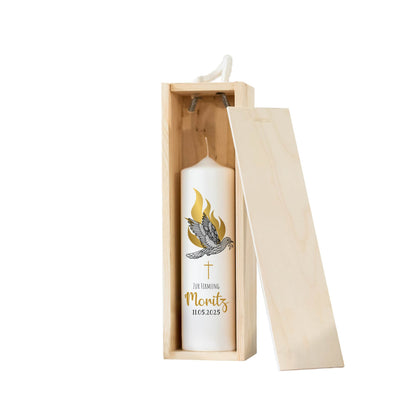 Firmungskerze „On Fire Gold“ personalisiert – Christliche Kerze mit Taube, Kreuz & Flamme