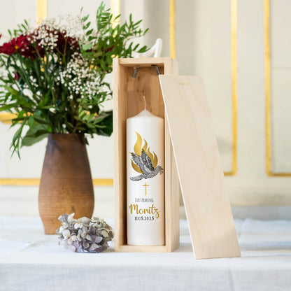 Firmungskerze „On Fire Gold“ personalisiert – Christliche Kerze mit Taube, Kreuz & Flamme