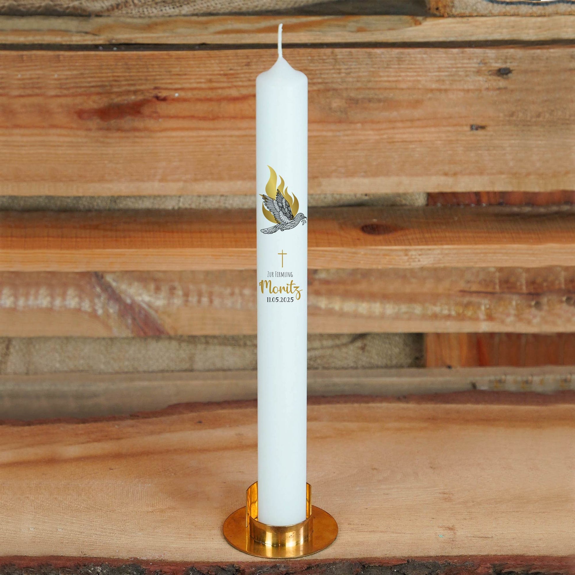 Firmungskerze „On Fire Gold“ personalisiert – Christliche Kerze mit Taube, Kreuz & Flamme