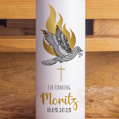 Firmungskerze „On Fire Gold“ personalisiert – Christliche Kerze mit Taube, Kreuz & Flamme