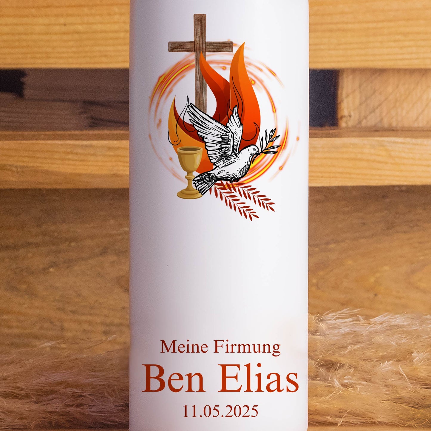 Firmungskerze „On Fire Rot“ personalisiert – Christliche Kerze mit Taube, Kreuz & Flamme | Mit oder ohne Jute