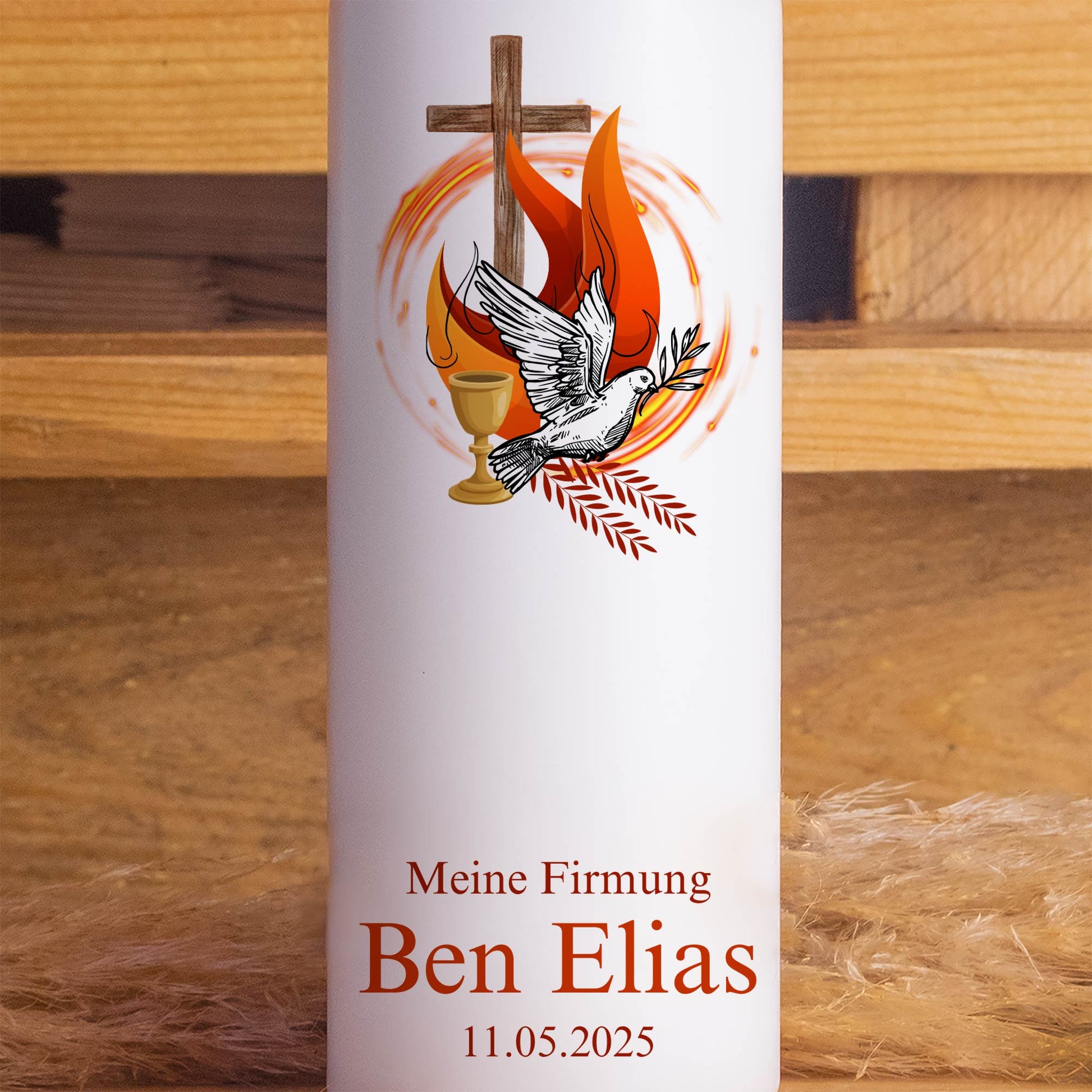 Firmungskerze „On Fire Rot“ personalisiert – Christliche Kerze mit Taube, Kreuz & Flamme | Mit oder ohne Jute