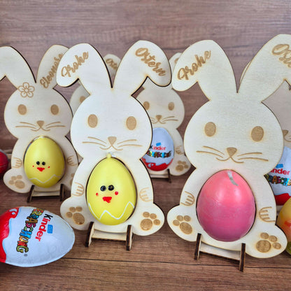 Personalisierter Osterhase aus Holz mit Eierhalter | Ostergeschenk mit Name | Osterdeko für Überraschungsei oder Kerze