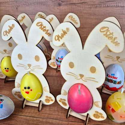 Personalisierter Osterhase aus Holz mit Eierhalter | Ostergeschenk mit Name | Osterdeko für Überraschungsei oder Kerze