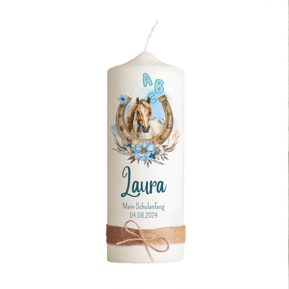 Schulanfangskerze Pferd | Personalisierte Kerze zur Einschulung | 15–30 cm | Mit Name, Datum & Jutestrick