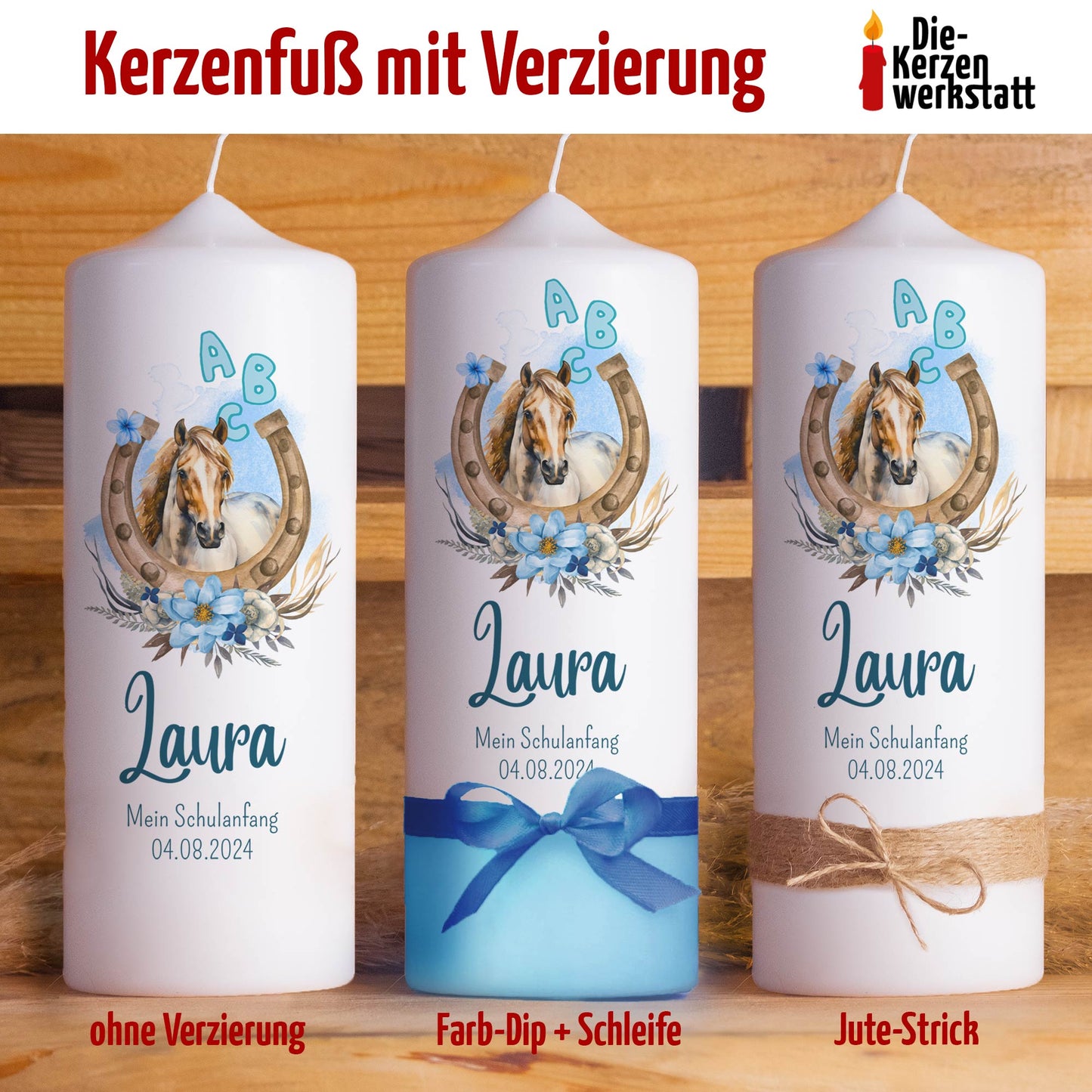 Schulanfangskerze Pferd | Personalisierte Kerze zur Einschulung | 15–30 cm | Mit Name, Datum & Jutestrick