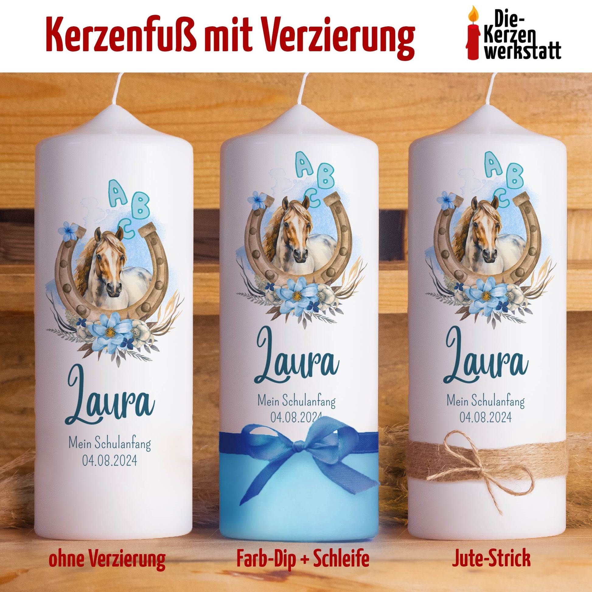 Schulanfangskerze Pferd | Personalisierte Kerze zur Einschulung | 15–30 cm | Mit Name, Datum & Jutestrick
