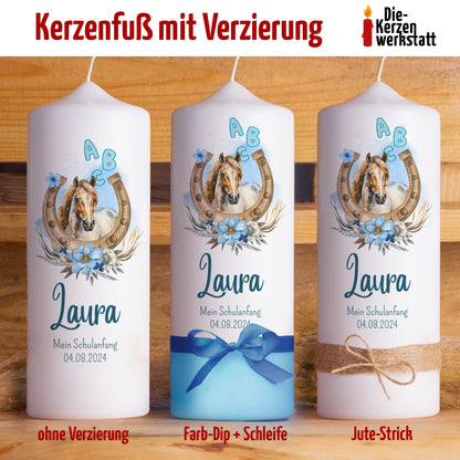 Schulanfangskerze Pferd | Personalisierte Kerze zur Einschulung | 15–30 cm | Mit Name, Datum & Jutestrick