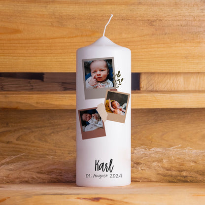 Kerze Baby Polaroid mit 3 Fotos | 15 - 30 cm Höhe | Personalisierte Kerze | Zur Geburt | Geburtstagskerze | Säugling Baby Kleinkind