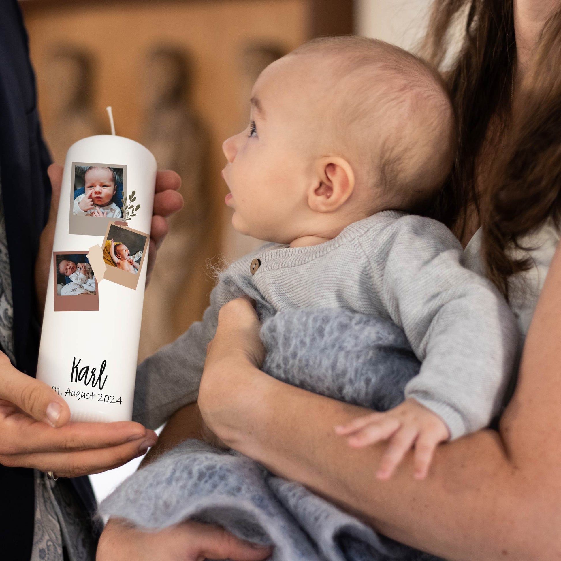 Kerze Baby Polaroid mit 3 Fotos | 15 - 30 cm Höhe | Personalisierte Kerze | Zur Geburt | Geburtstagskerze | Säugling Baby Kleinkind