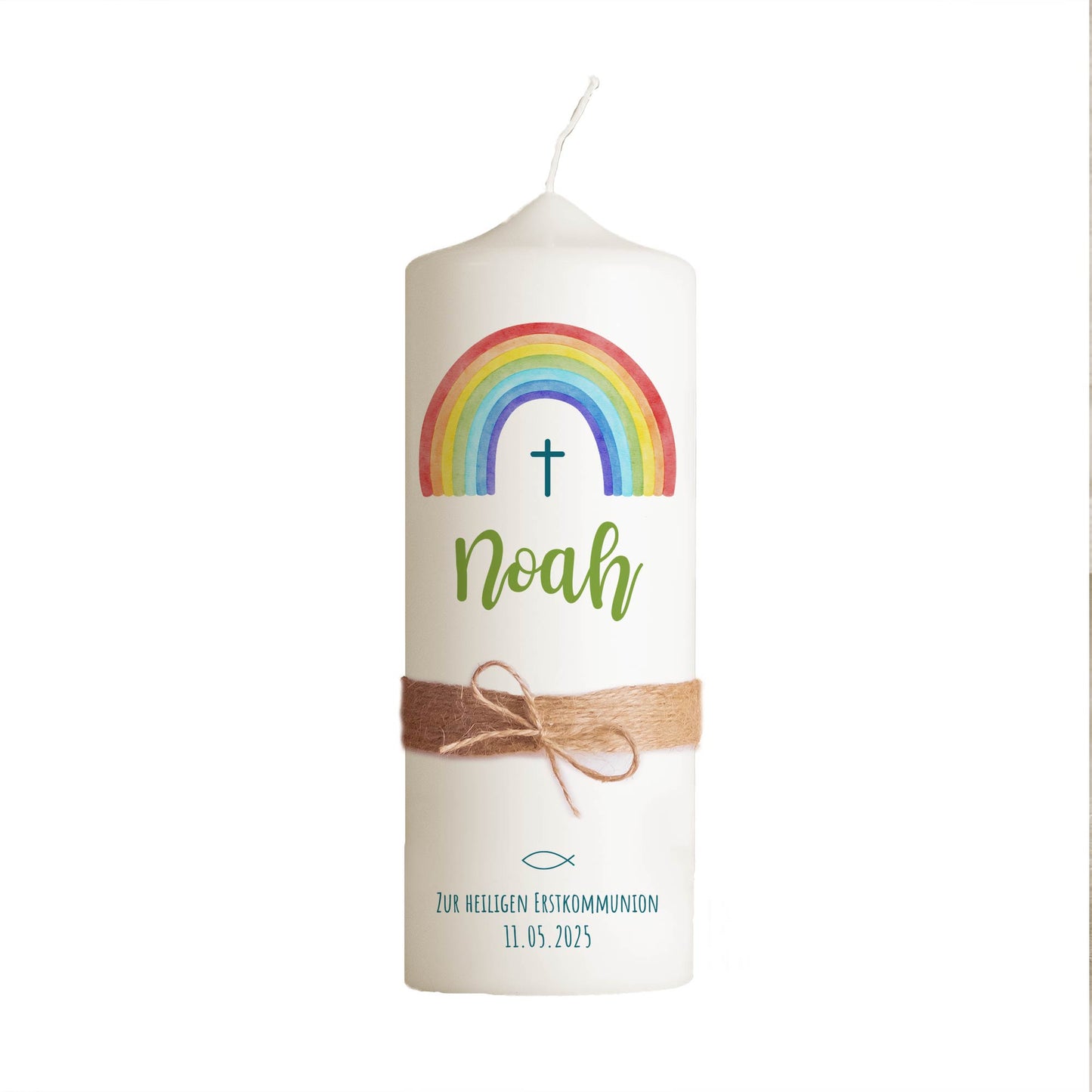 Kommunionskerze Regenbogen Kreuz Schlicht | 15 - 40 cm Höhe | Personalisierte Kerze | Katholisch | Jungen und Mädchen