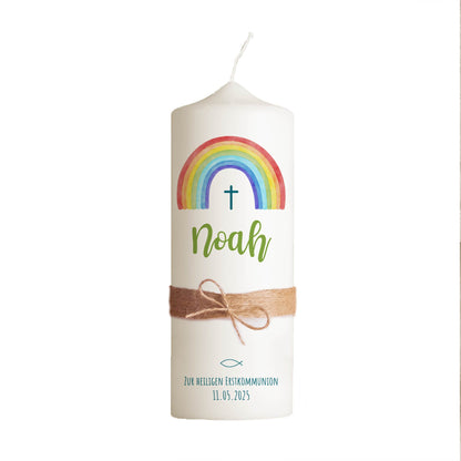 Kommunionskerze Regenbogen Kreuz Schlicht | 15 - 40 cm Höhe | Personalisierte Kerze | Katholisch | Jungen und Mädchen