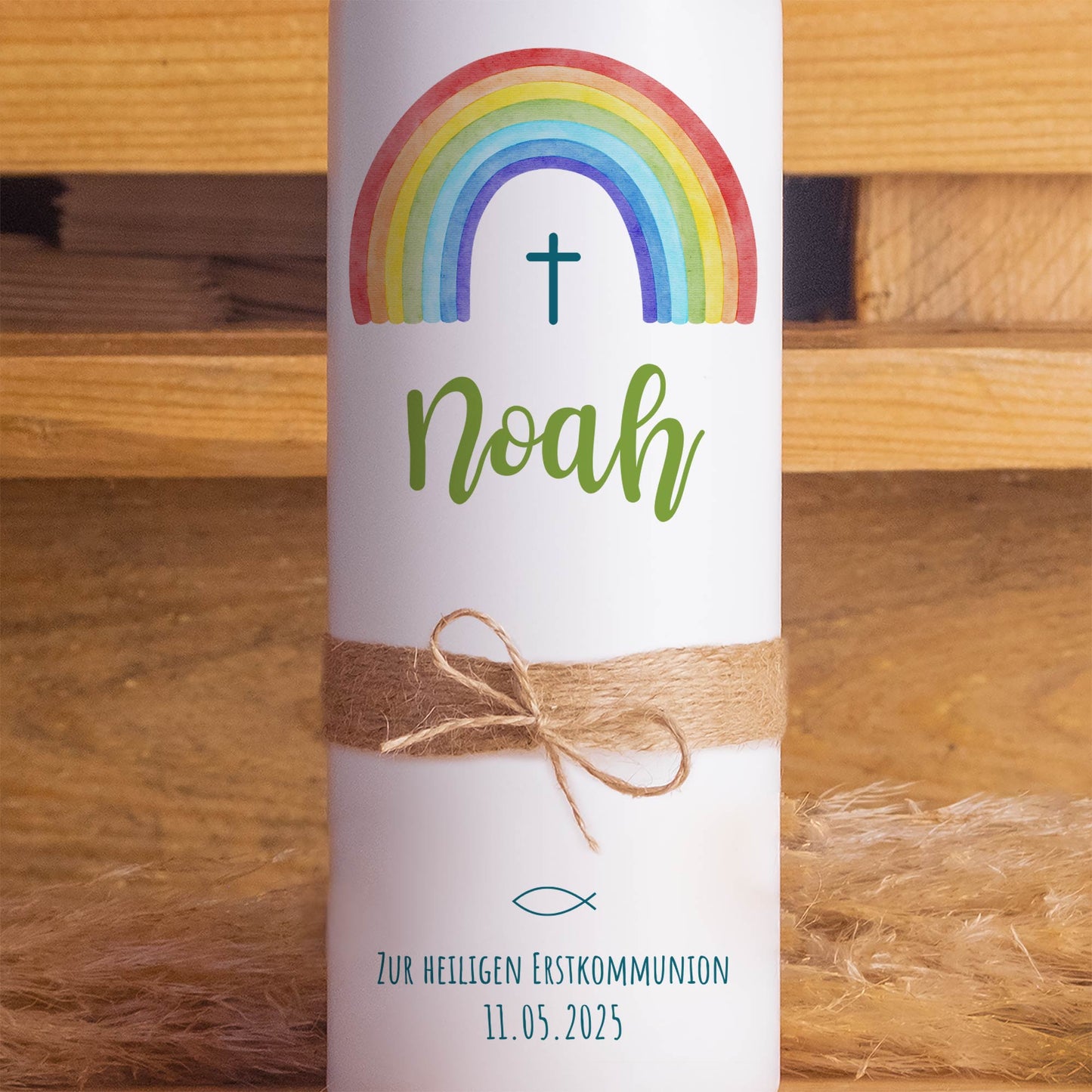 Kommunionskerze Regenbogen Kreuz Schlicht | 15 - 40 cm Höhe | Personalisierte Kerze | Katholisch | Jungen und Mädchen