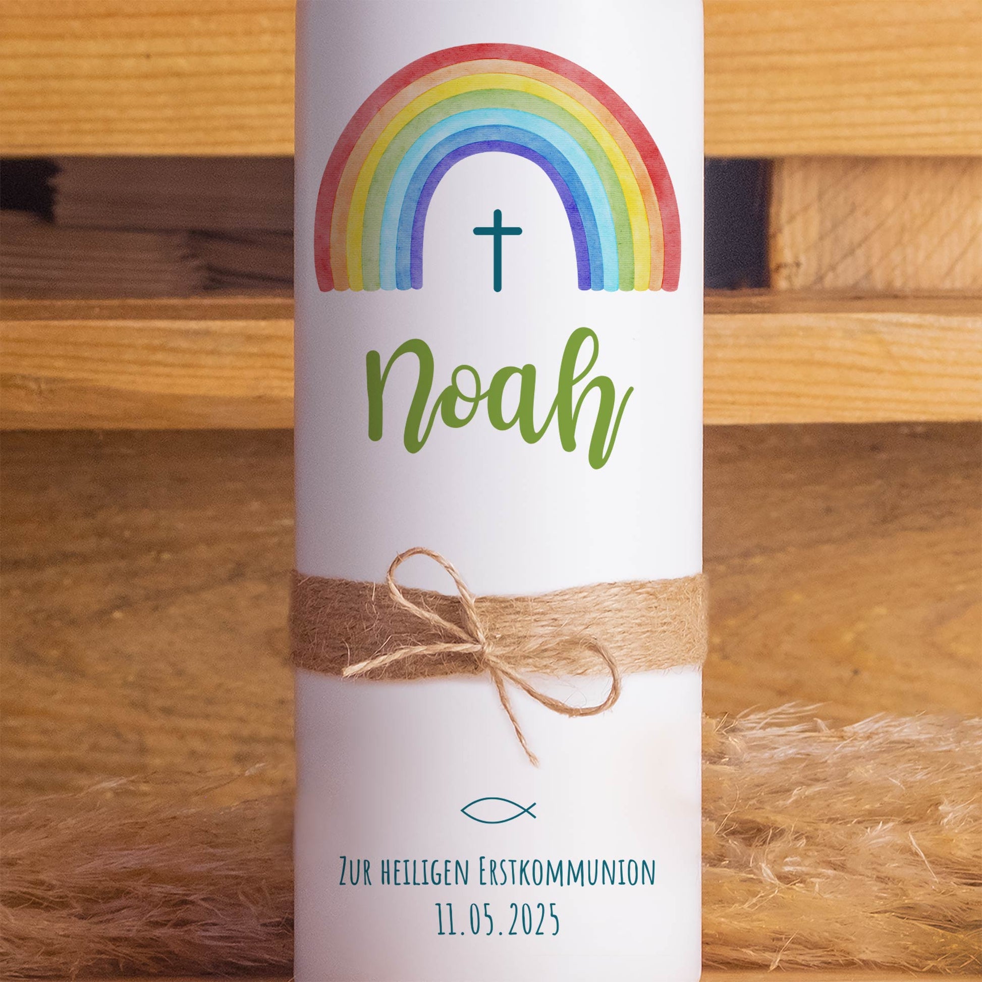Kommunionskerze Regenbogen Kreuz Schlicht | 15 - 40 cm Höhe | Personalisierte Kerze | Katholisch | Jungen und Mädchen
