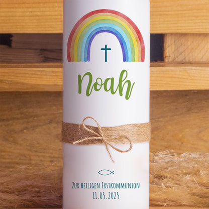 Kommunionskerze Regenbogen Kreuz Schlicht | 15 - 40 cm Höhe | Personalisierte Kerze | Katholisch | Jungen und Mädchen