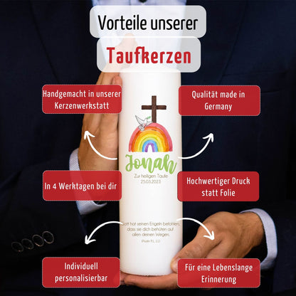 Taufkerze | Regenbogen | 15 - 30 cm Höhe | Personalisierte Kerze | Evangelisch | Katholisch | Jungen und Mädchen | Geschenk Taufe