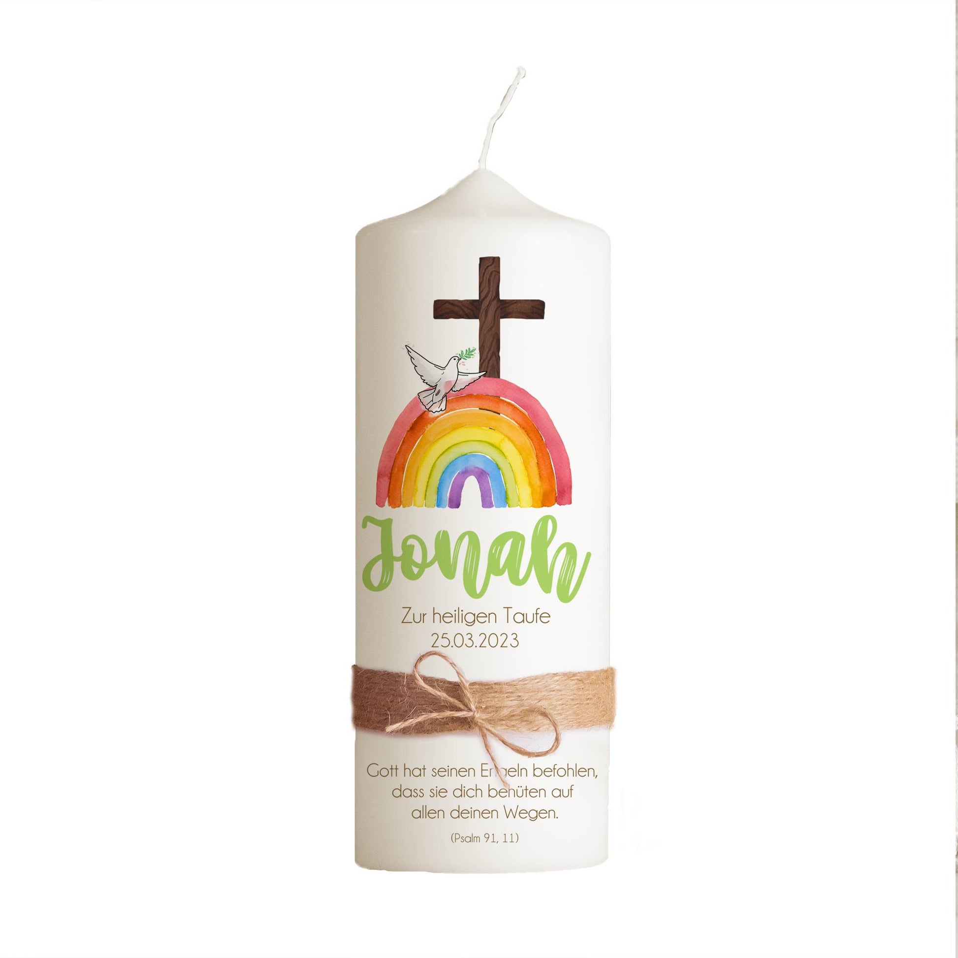 Taufkerze | Regenbogen | 15 - 30 cm Höhe | Personalisierte Kerze | Evangelisch | Katholisch | Jungen und Mädchen | Geschenk Taufe