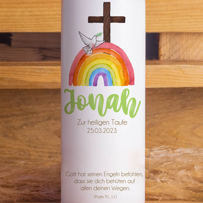 Taufkerze | Regenbogen | 15 - 30 cm Höhe | Personalisierte Kerze | Evangelisch | Katholisch | Jungen und Mädchen | Geschenk Taufe