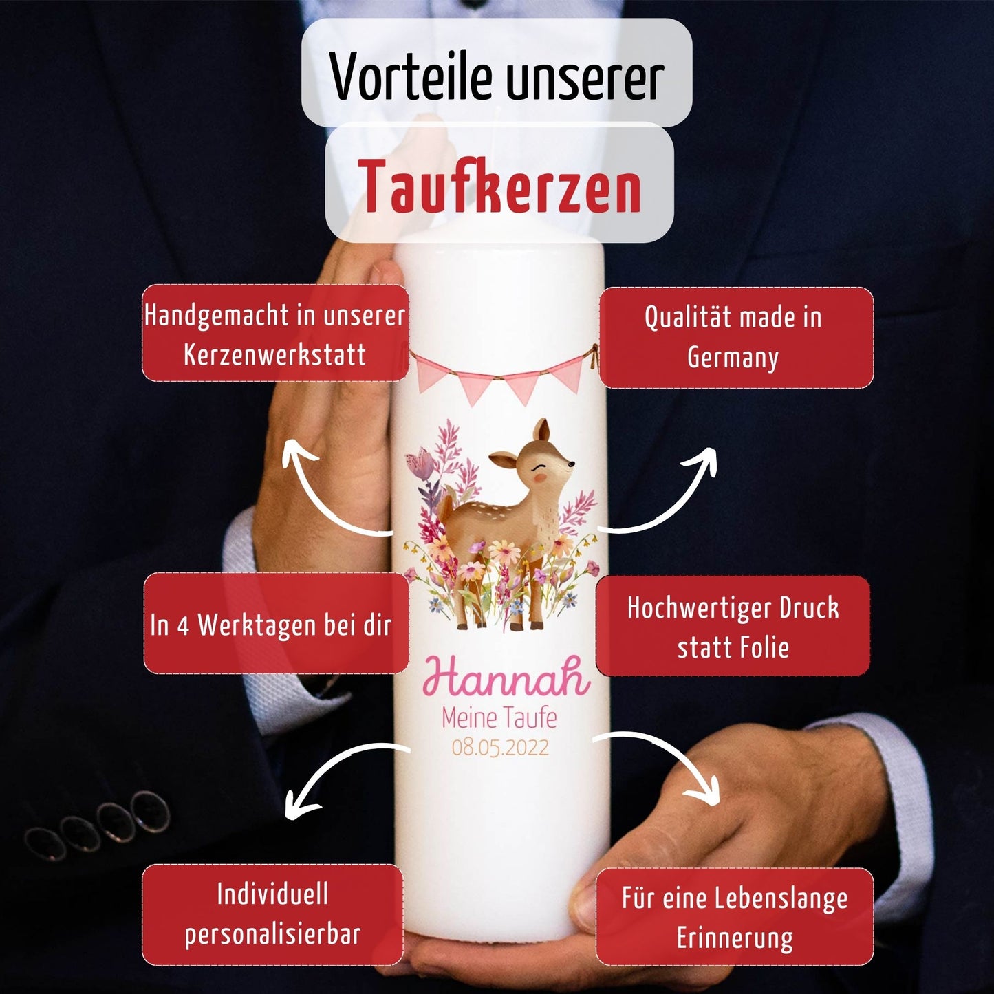 Taufkerze | Reh | 15-30 cm Höhe | Personalisiert