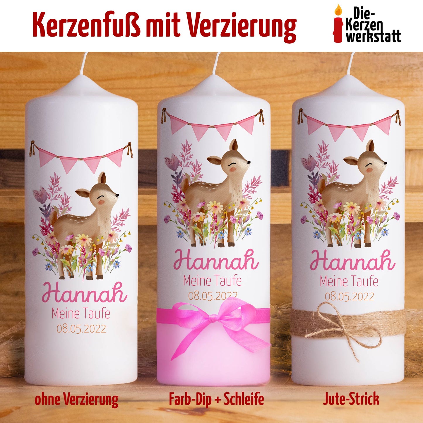 Taufkerze | Reh | 15-30 cm Höhe | Personalisiert