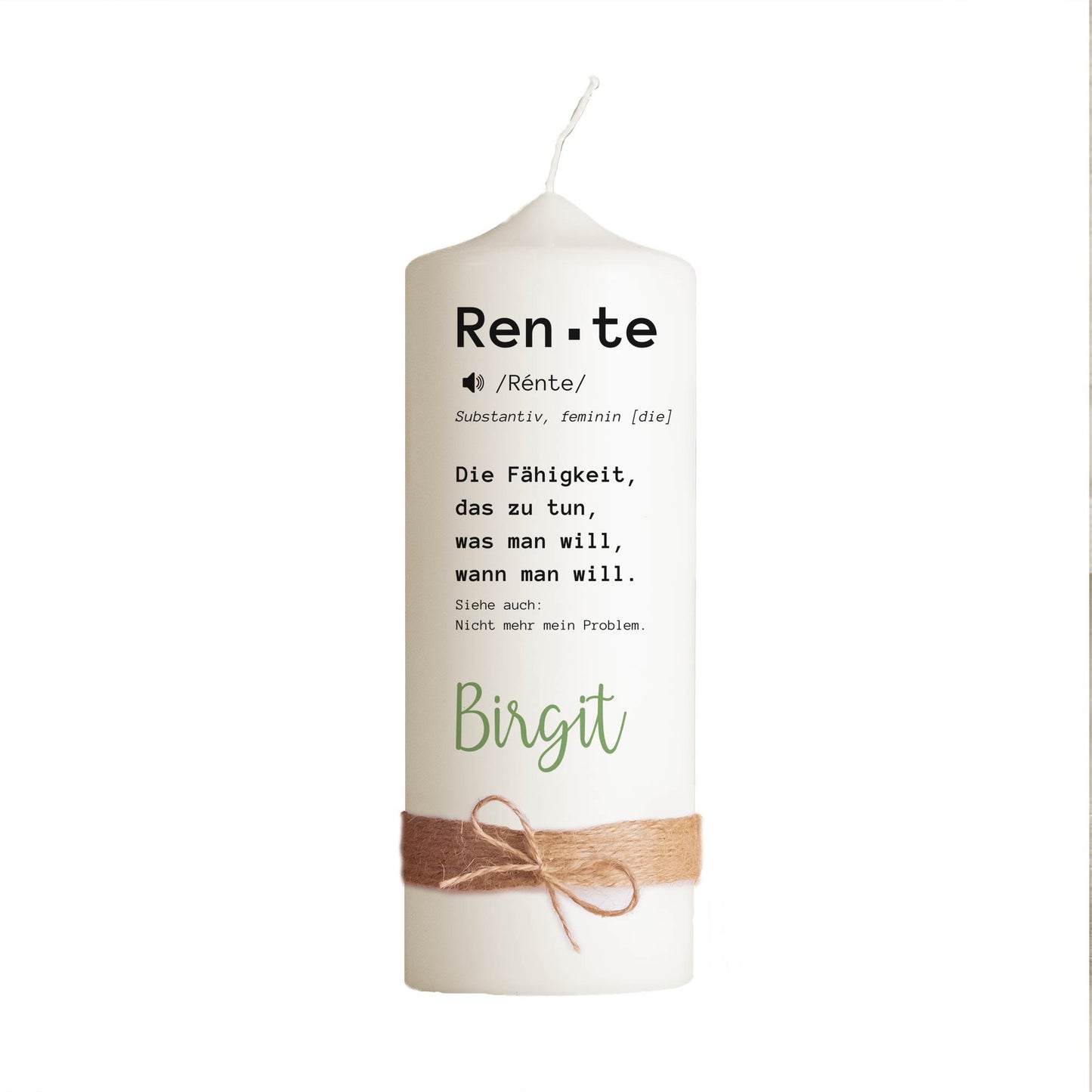 Personalisierte Ruhestandskerze „Rente“ | Geschenk zum Rentenbeginn mit Wunschname & Kerzenfuß-Verzierung