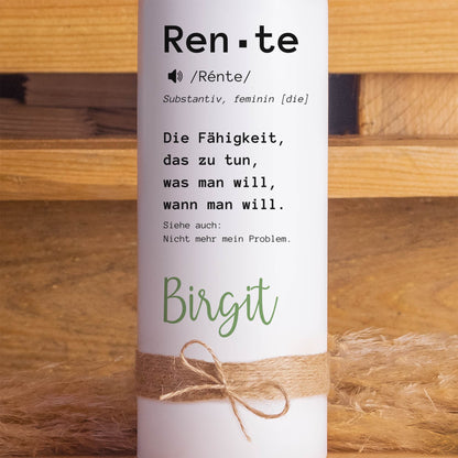 Personalisierte Ruhestandskerze „Rente“ | Geschenk zum Rentenbeginn mit Wunschname & Kerzenfuß-Verzierung