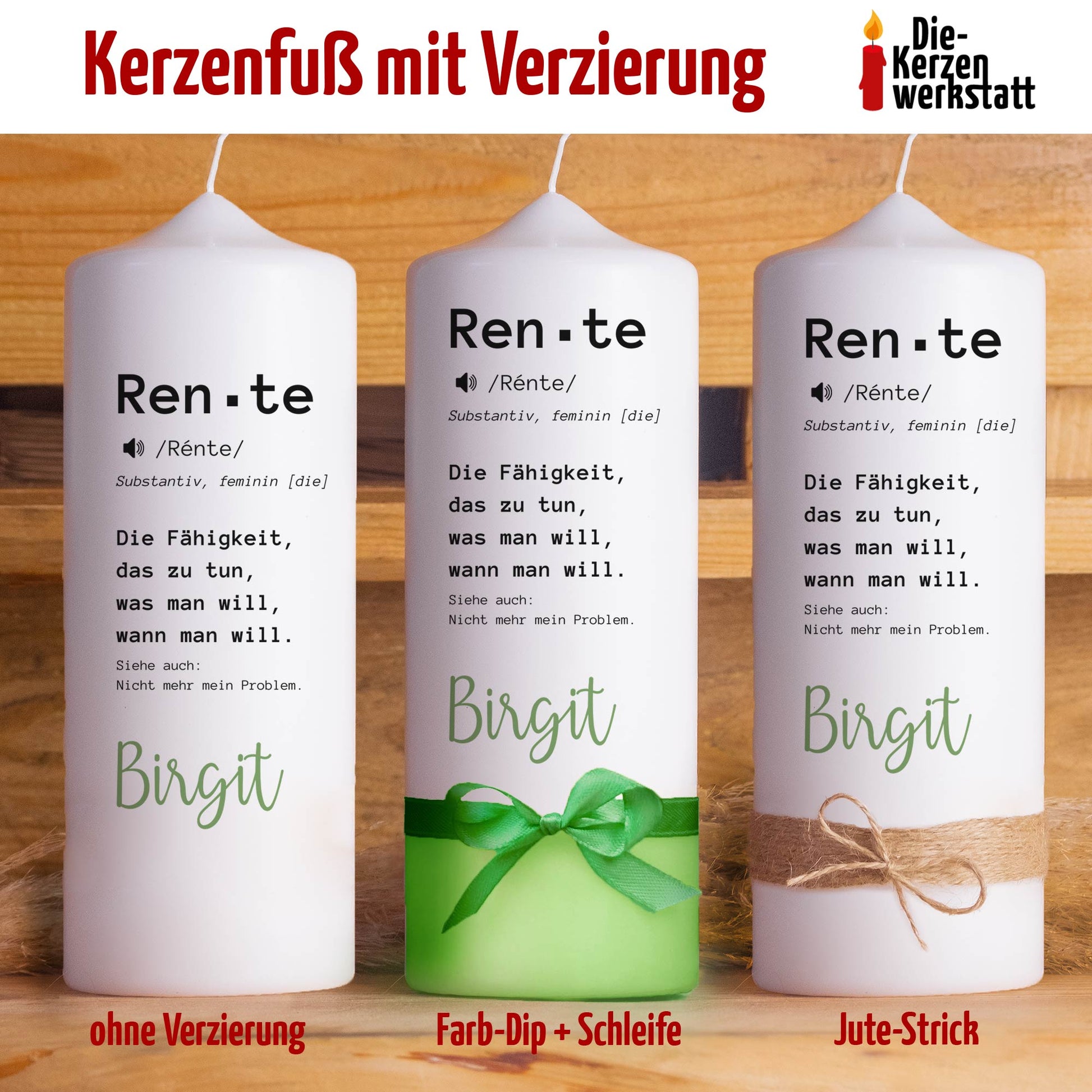 Personalisierte Ruhestandskerze „Rente“ | Geschenk zum Rentenbeginn mit Wunschname & Kerzenfuß-Verzierung