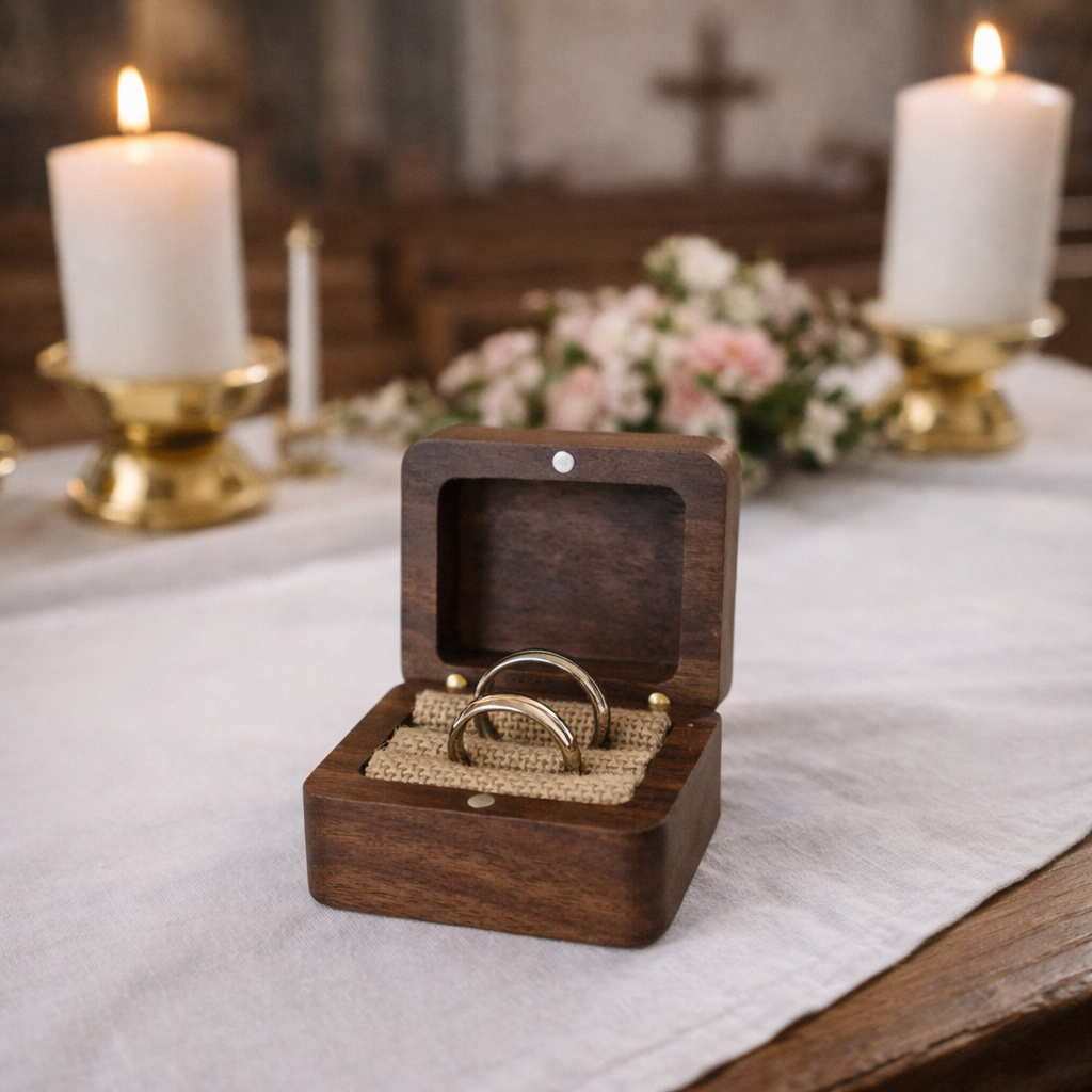 Ringe in Ringkiste auf Altar