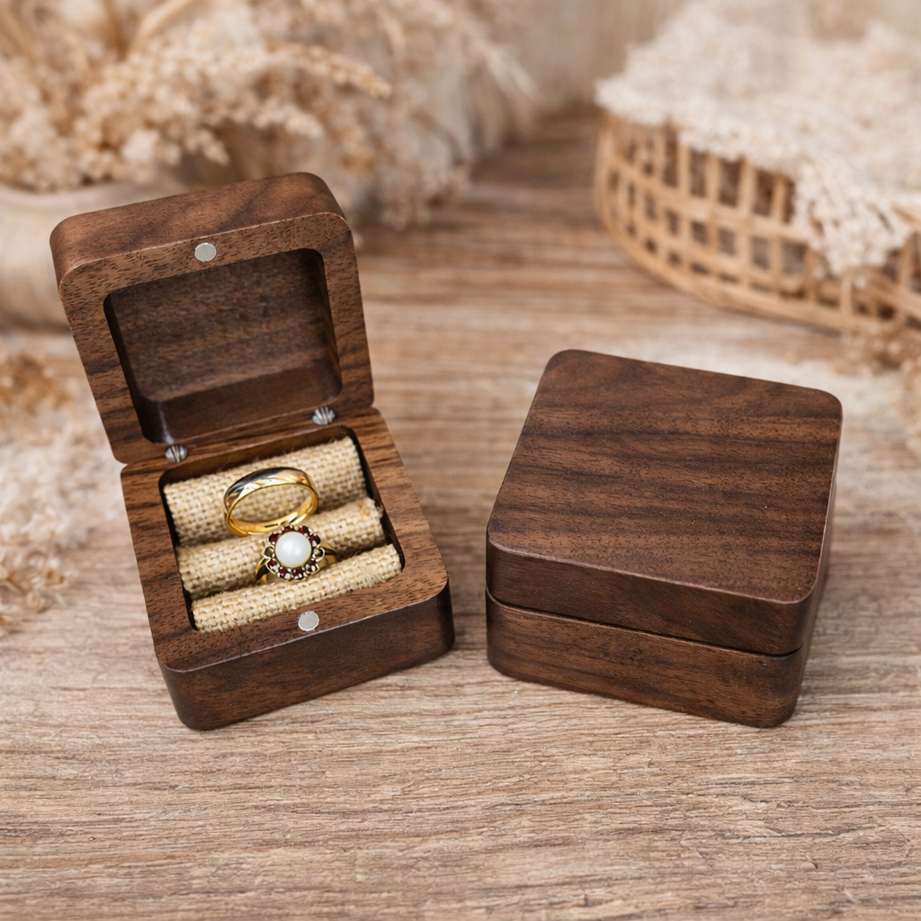 Personalisierte Ringbox aus Walnussholz mit Namen & JA-Motiv | Hochzeit