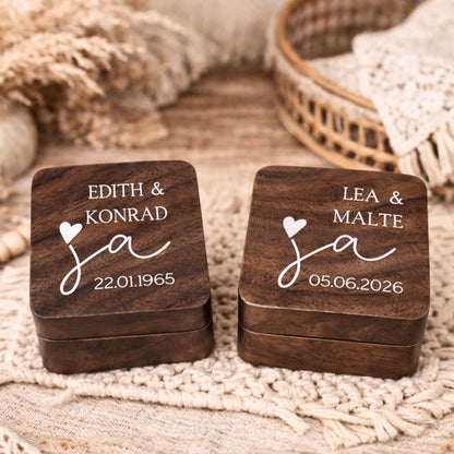 Personalisierte Ringbox aus Walnussholz mit Namen & JA-Motiv | Hochzeit