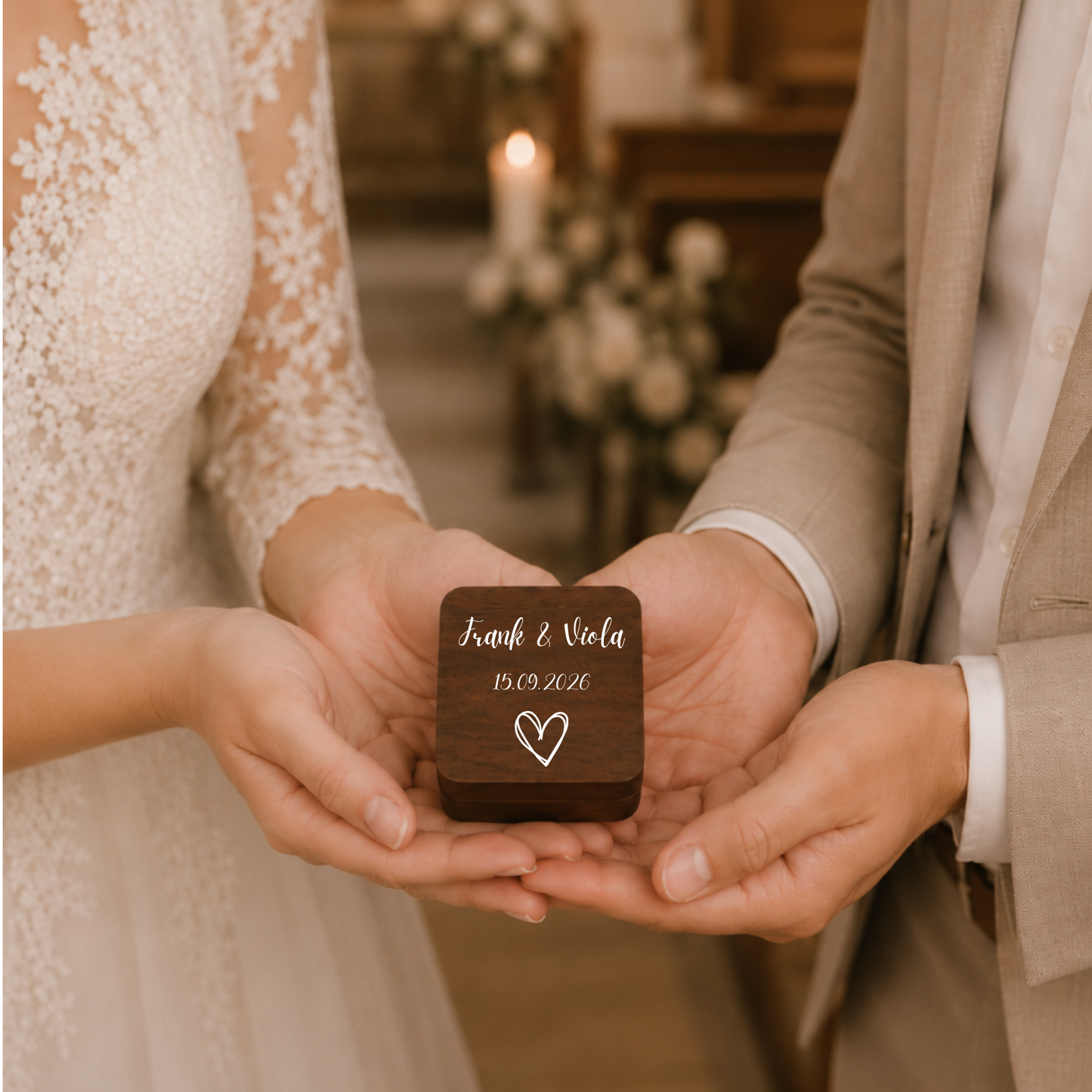 Ringkiste mit Liebesmotiv Herz in Händen in Kirche